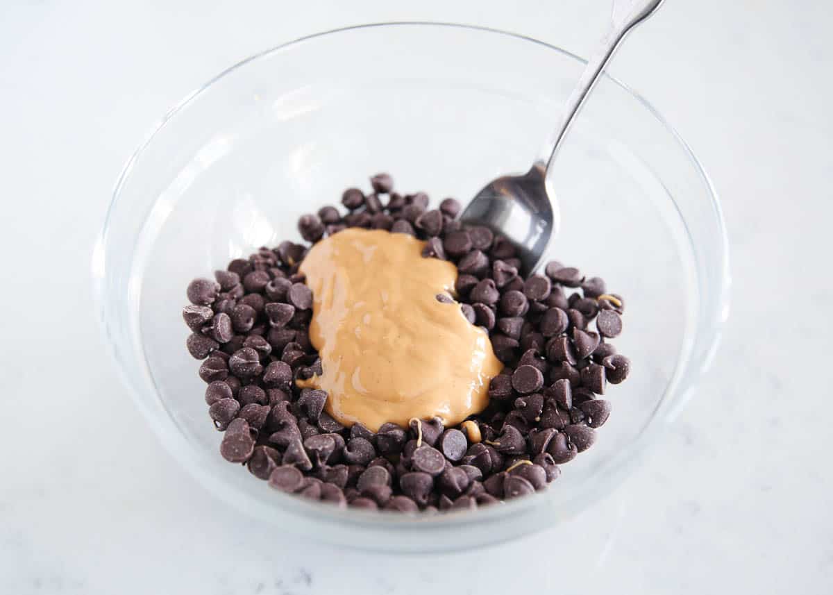 chocolate chips and peanut butter in bowl
