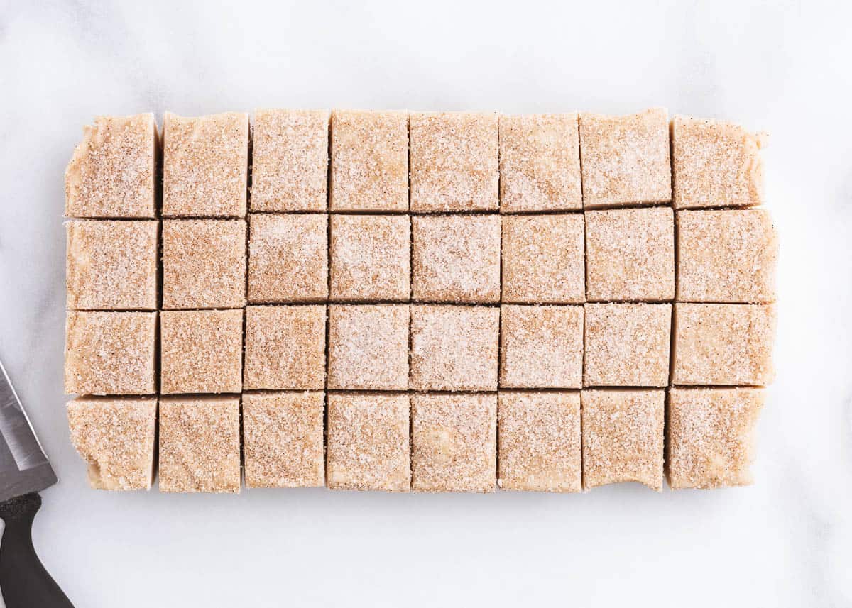 sliced snickerdoodle fudge on counter