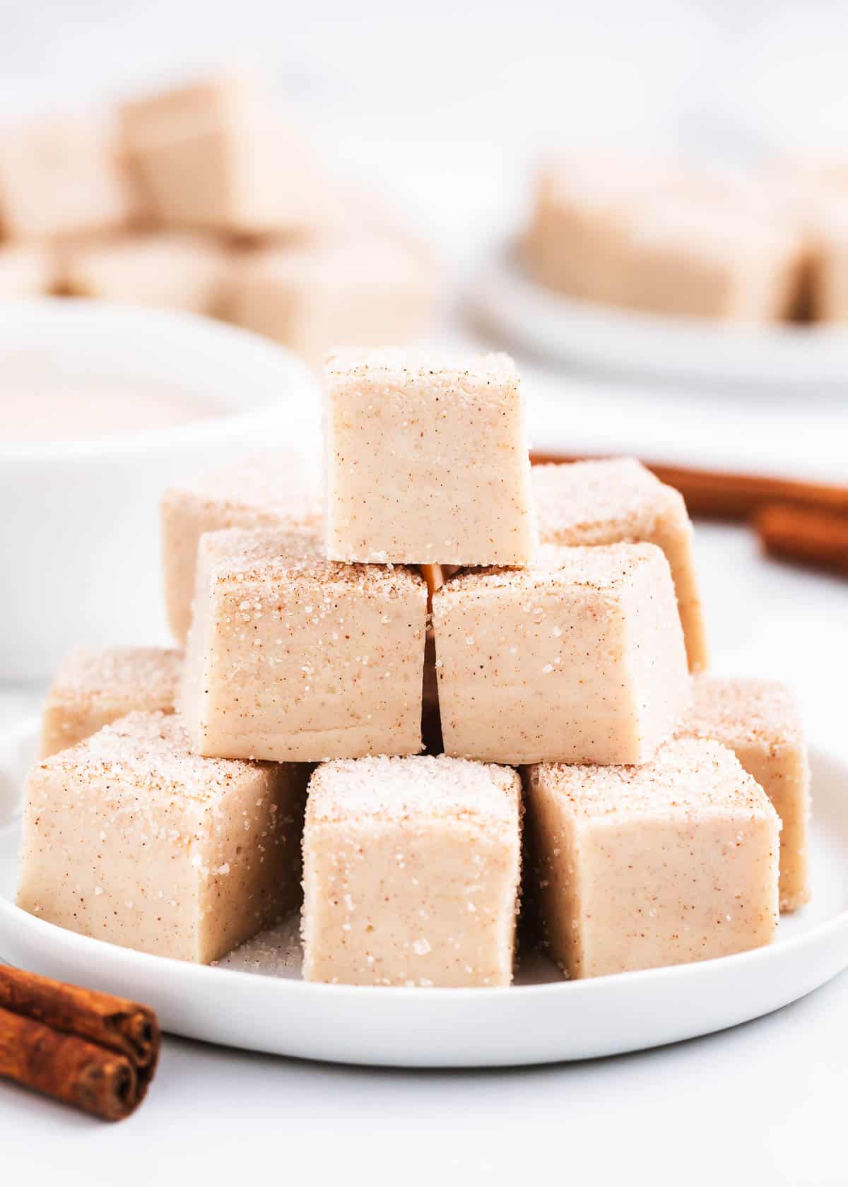 snickerdoodle fudge stacked on white plate