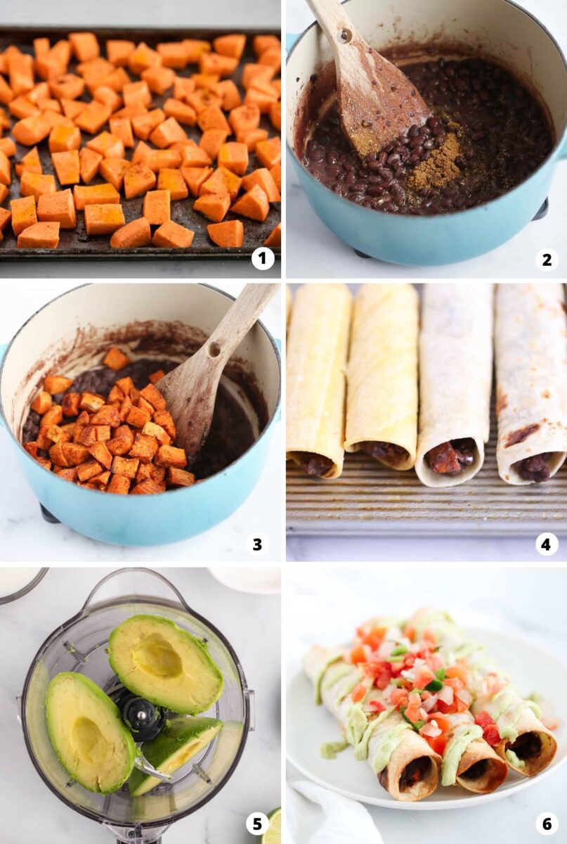 A collage of step by step photo showing how to make black bean taquitos.