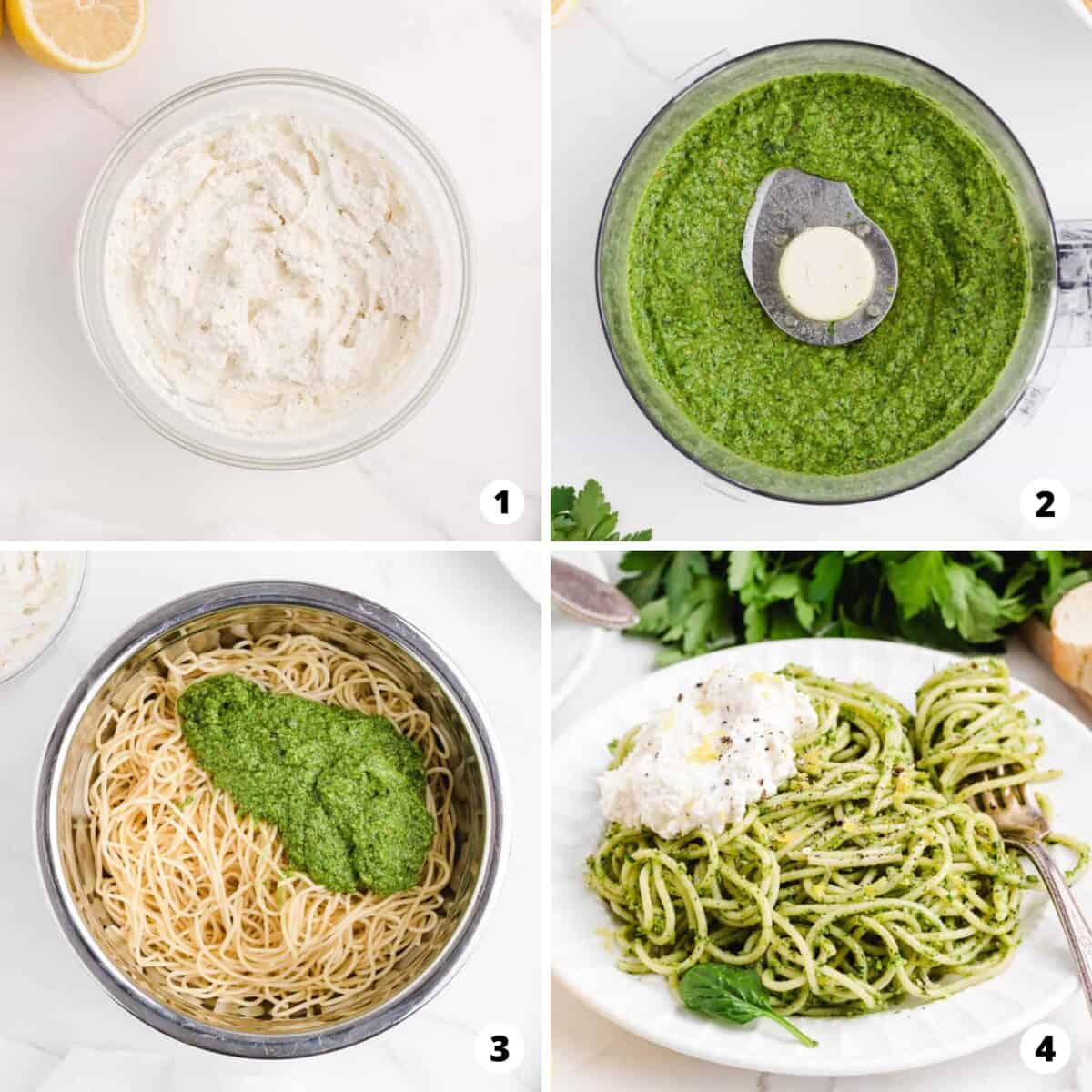 A step by step photo collage of spaghetti pesto.