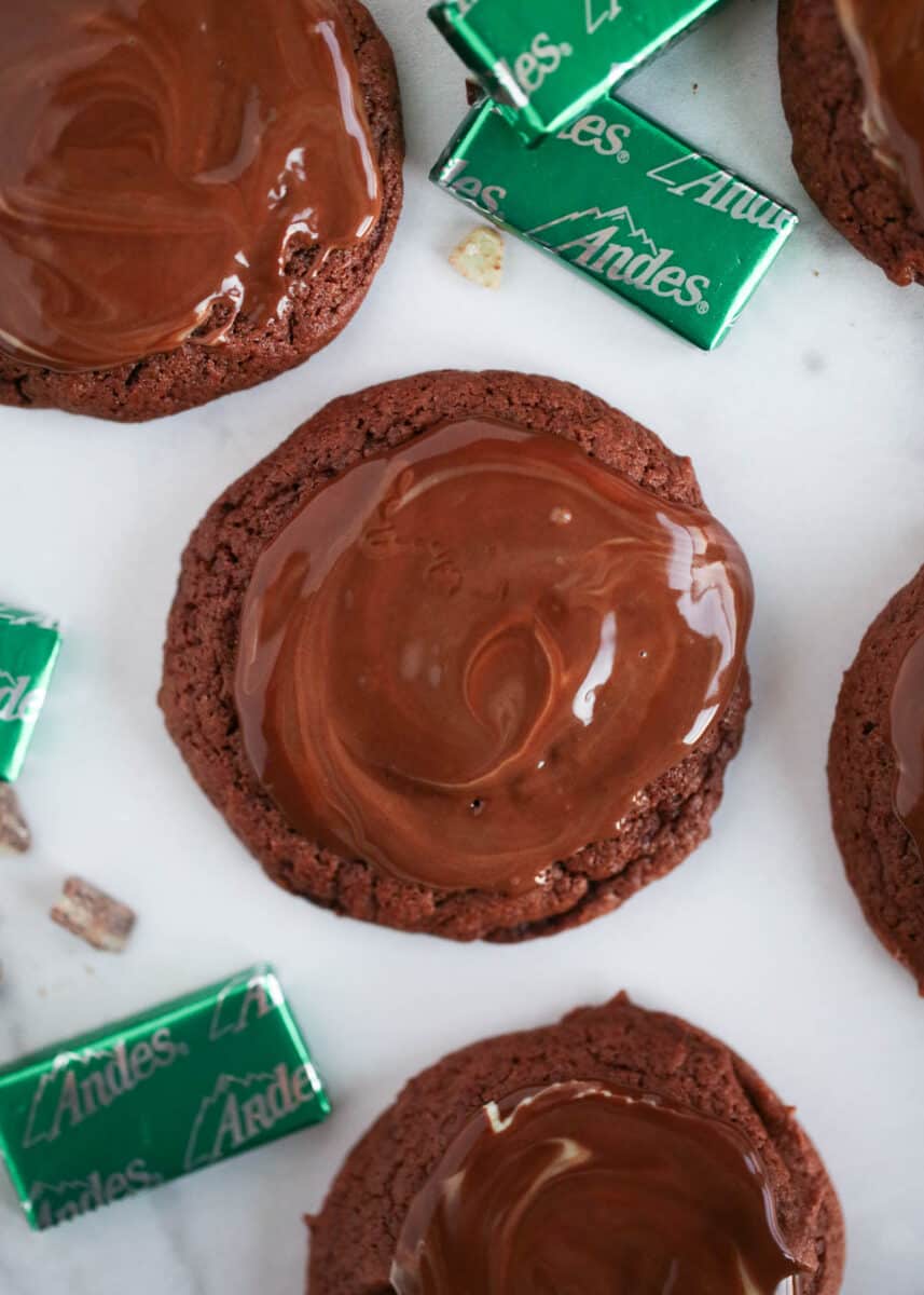 chocolate andes mint cookies on counter