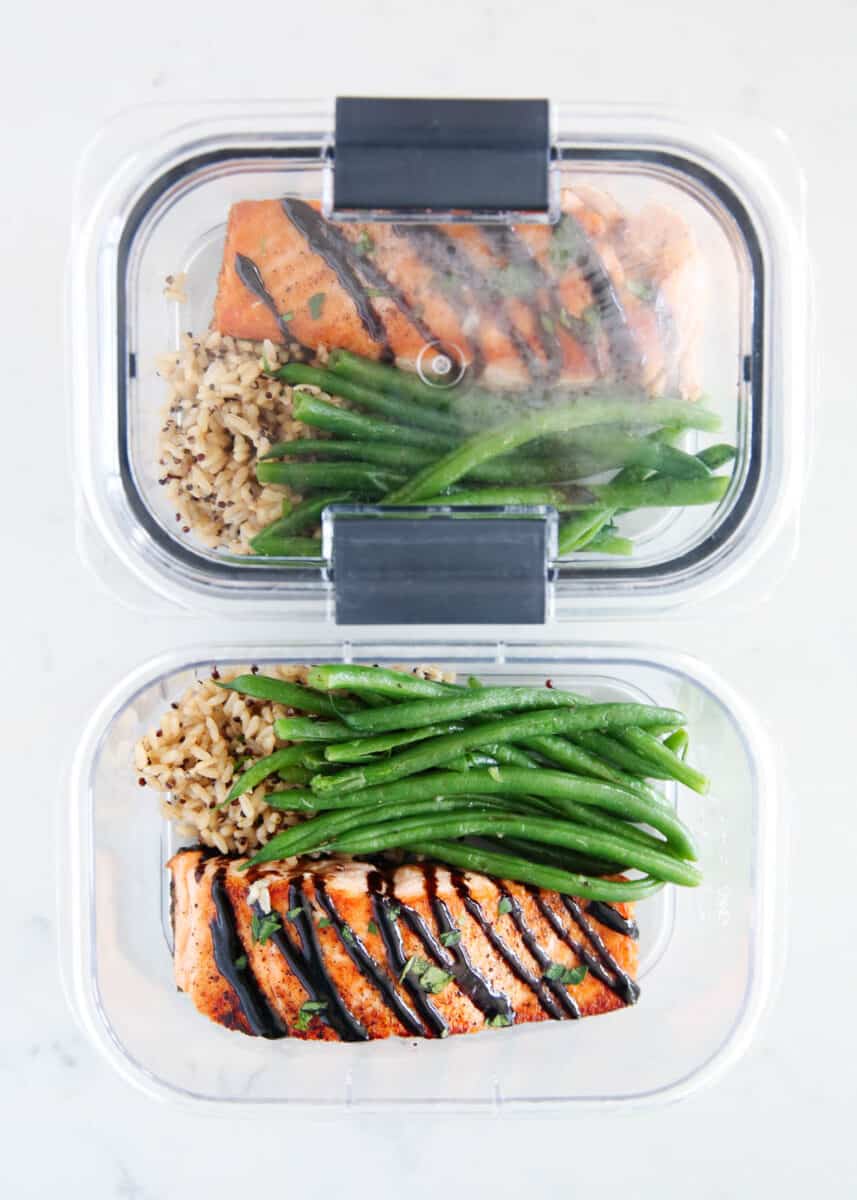 salmon meal prepped in containers