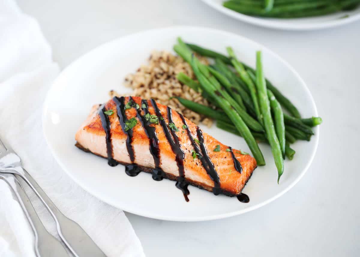 salmon with balsamic glaze on plate