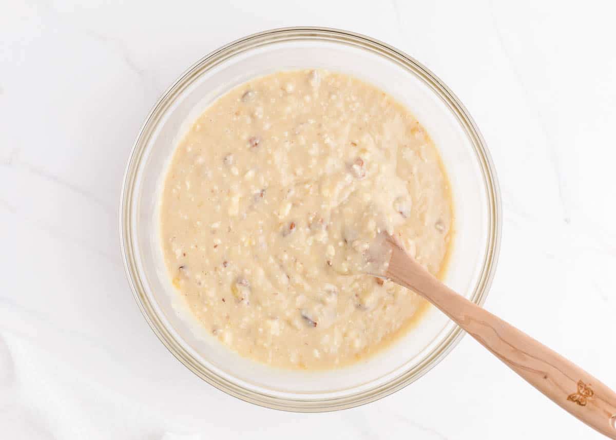 Banana bread brownie batter in bowl.