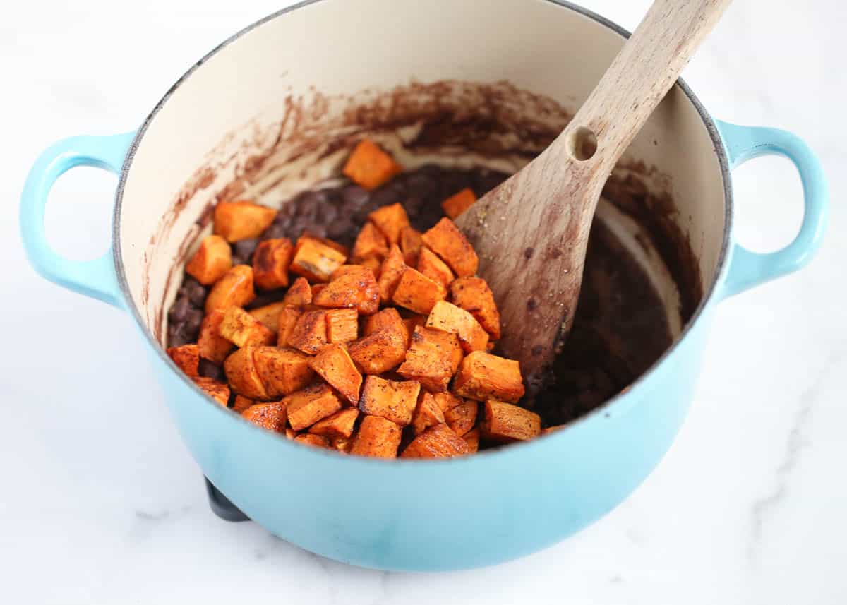 black beans and sweet potatoes in pot