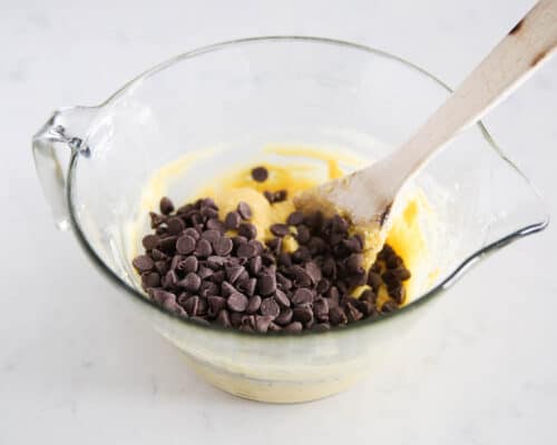 mixing chocolate chips into bowl