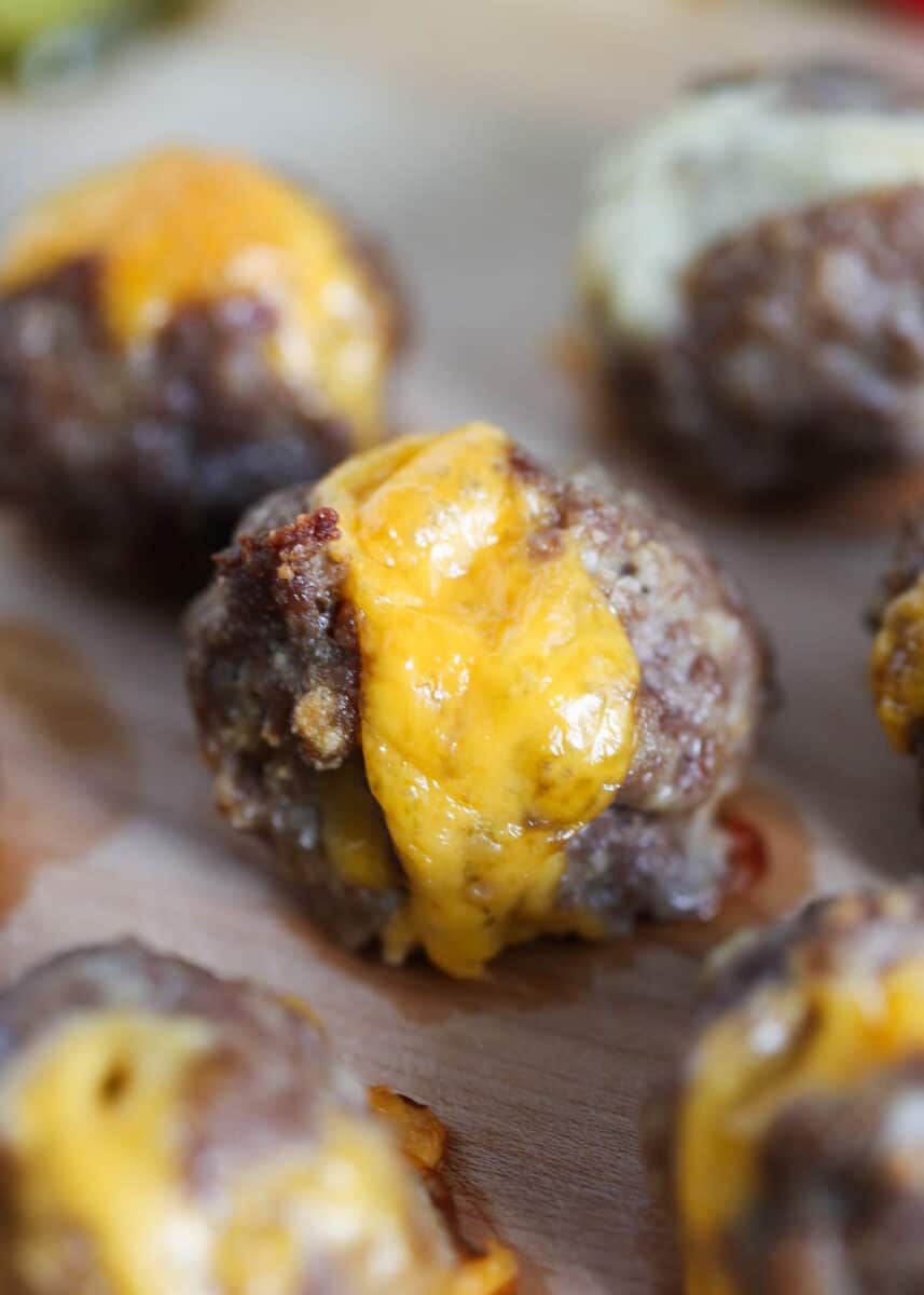 cheeseburger meatball on wooden board