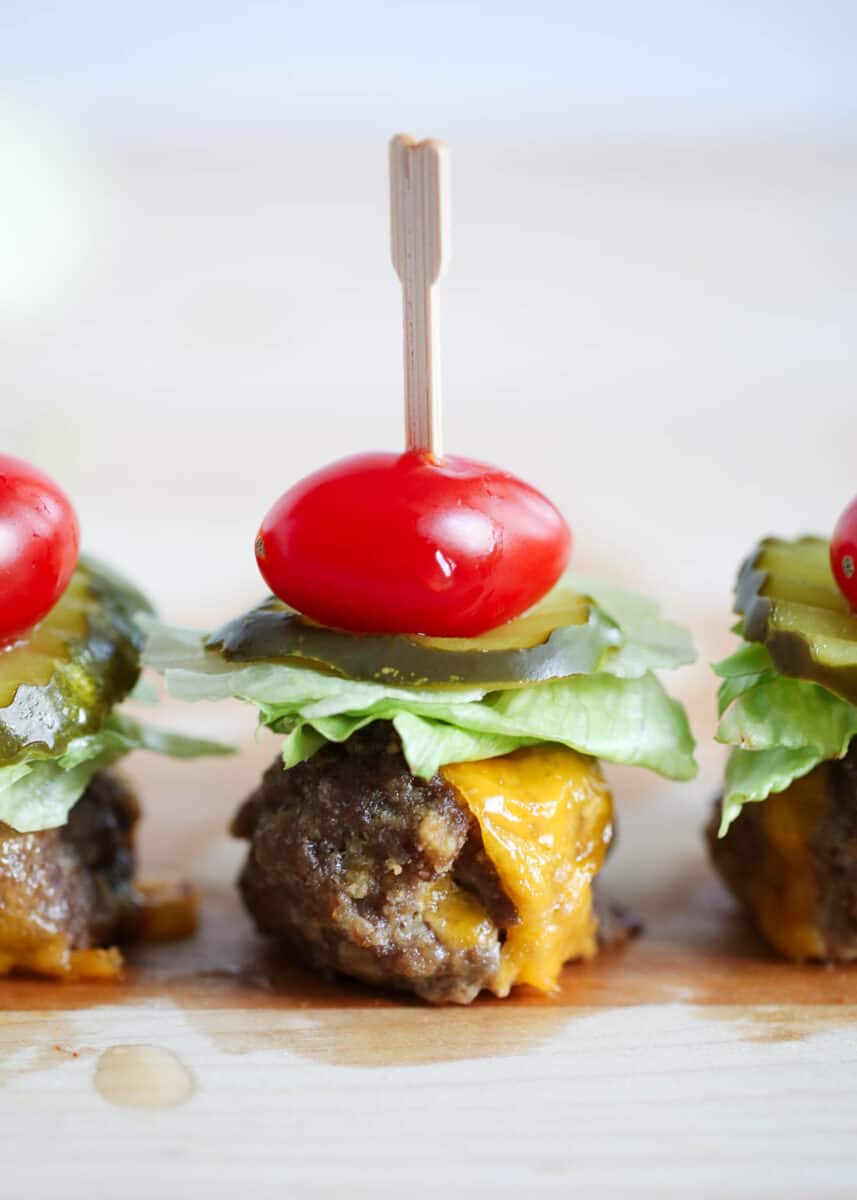 cheeseburger meatball on a skewer