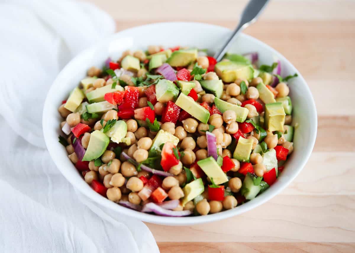chickpea salad in white bowl