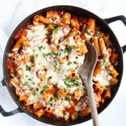 one pot chicken parmesan pasta on counter