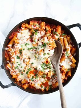 one pot chicken parmesan pasta on counter