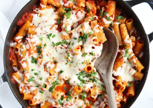 one pot chicken parmesan pasta on counter