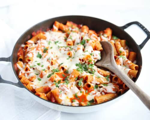 skillet with pasta and cheese
