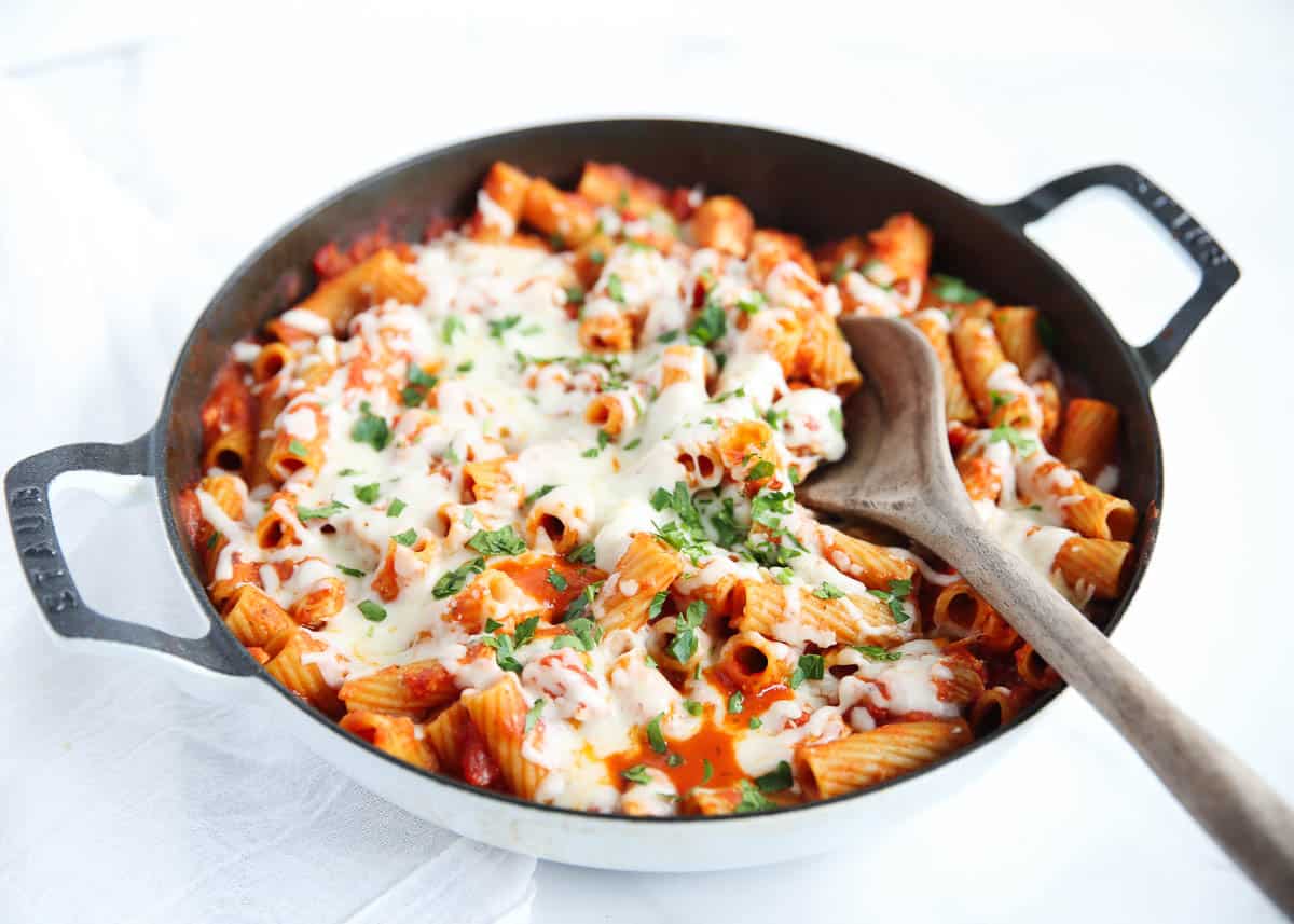 skillet with pasta and cheese