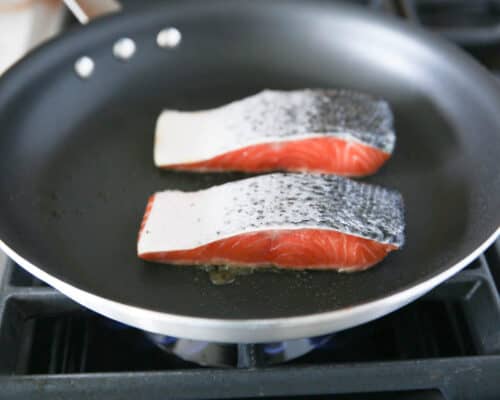 cooking salmon skin side up in skillet