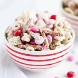 valentine chex mix in red striped bowl