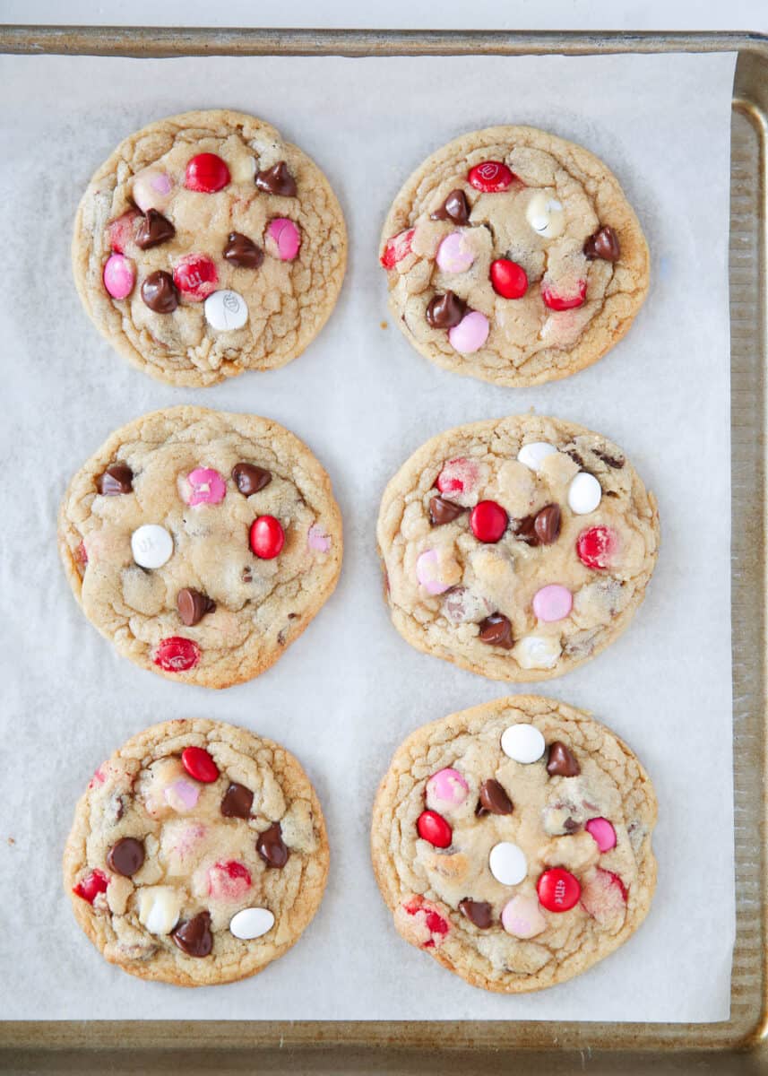 valentine m&m cookies on baking sheet