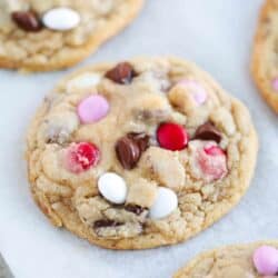 close up of valentine m&m cookie