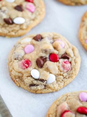 close up of valentine m&m cookie