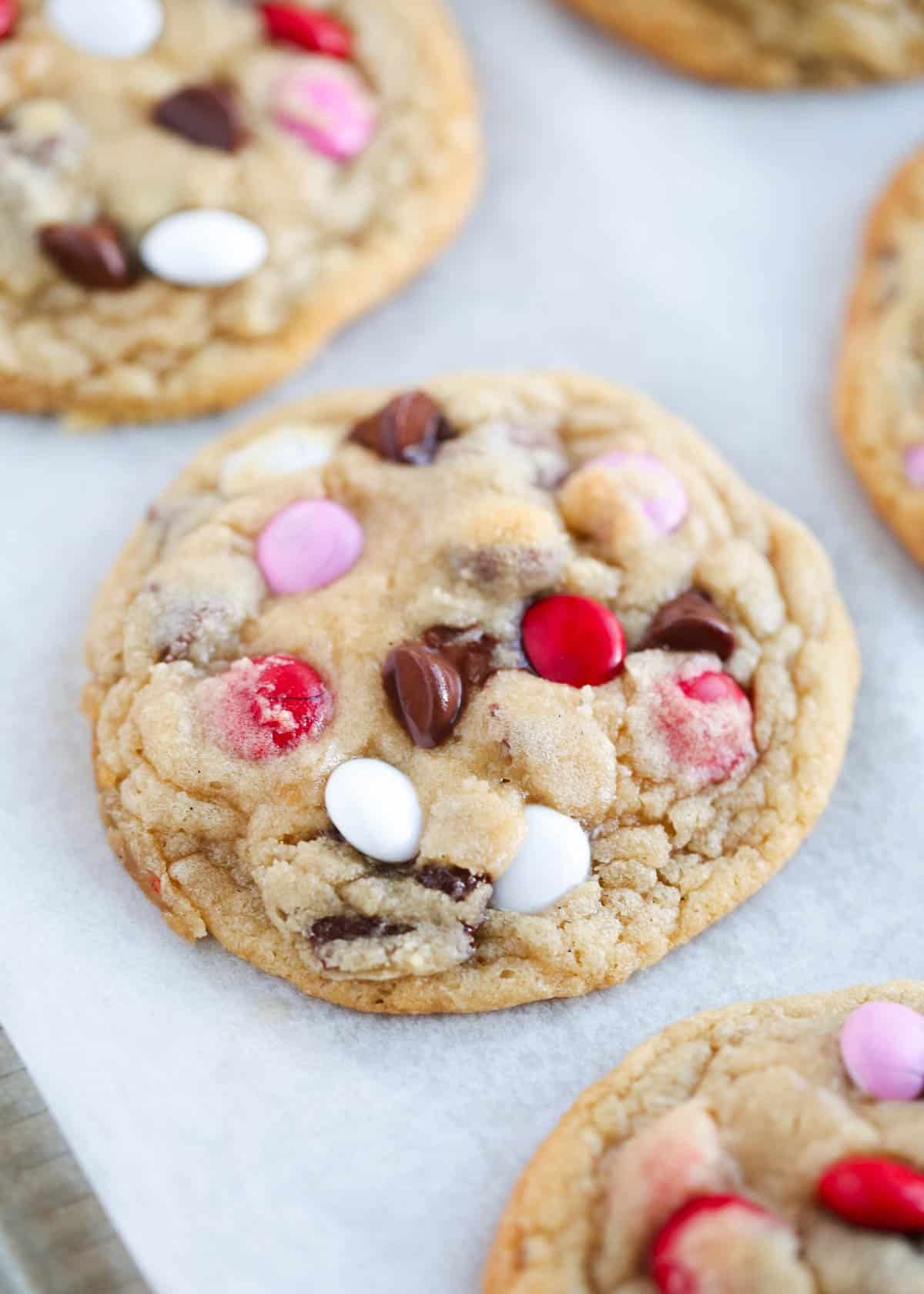 close up of valentine m&m cookie