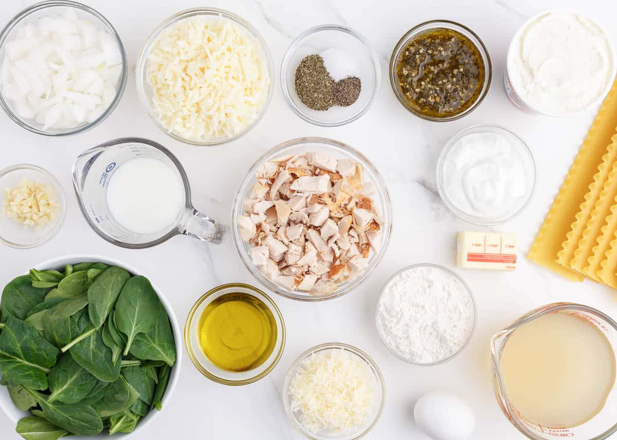 white chicken lasagna ingredients on counter