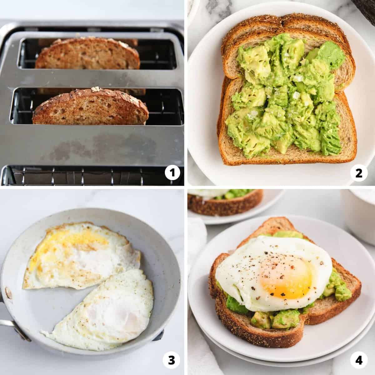 Photo collage with steps on how to make avocado toast with egg.