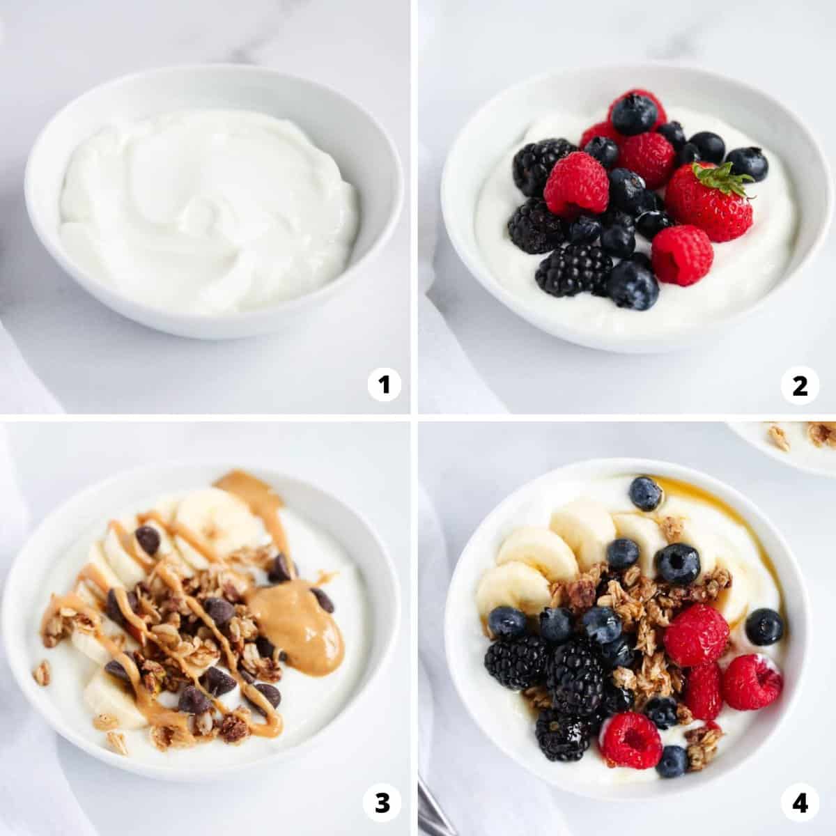 Collage of photos showing how to make yogurt bowl.