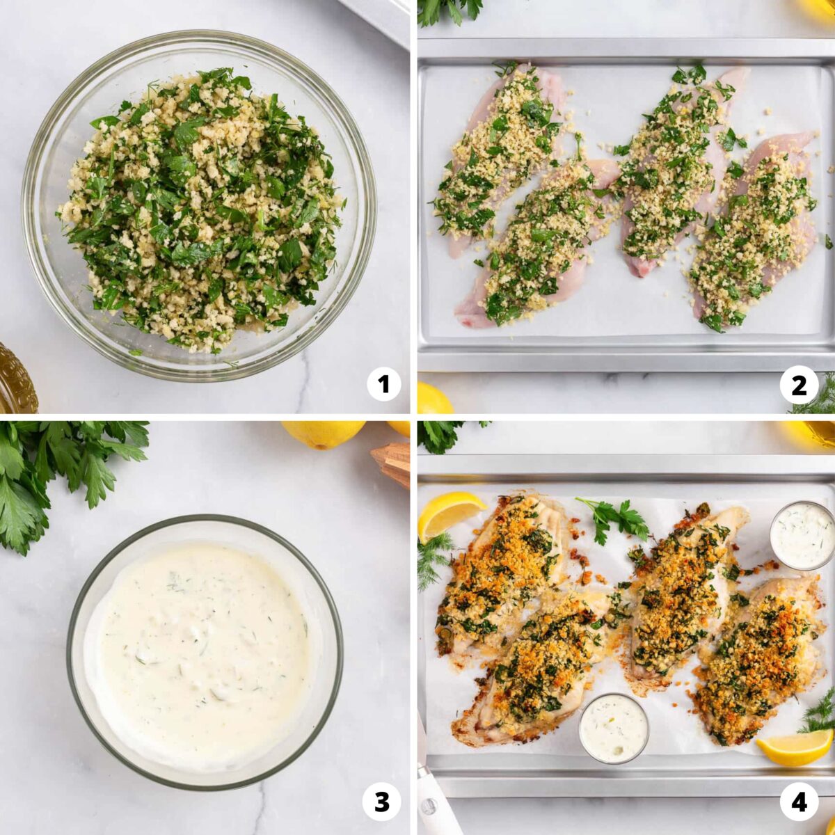 A collage showing steps of how to bake fish.
