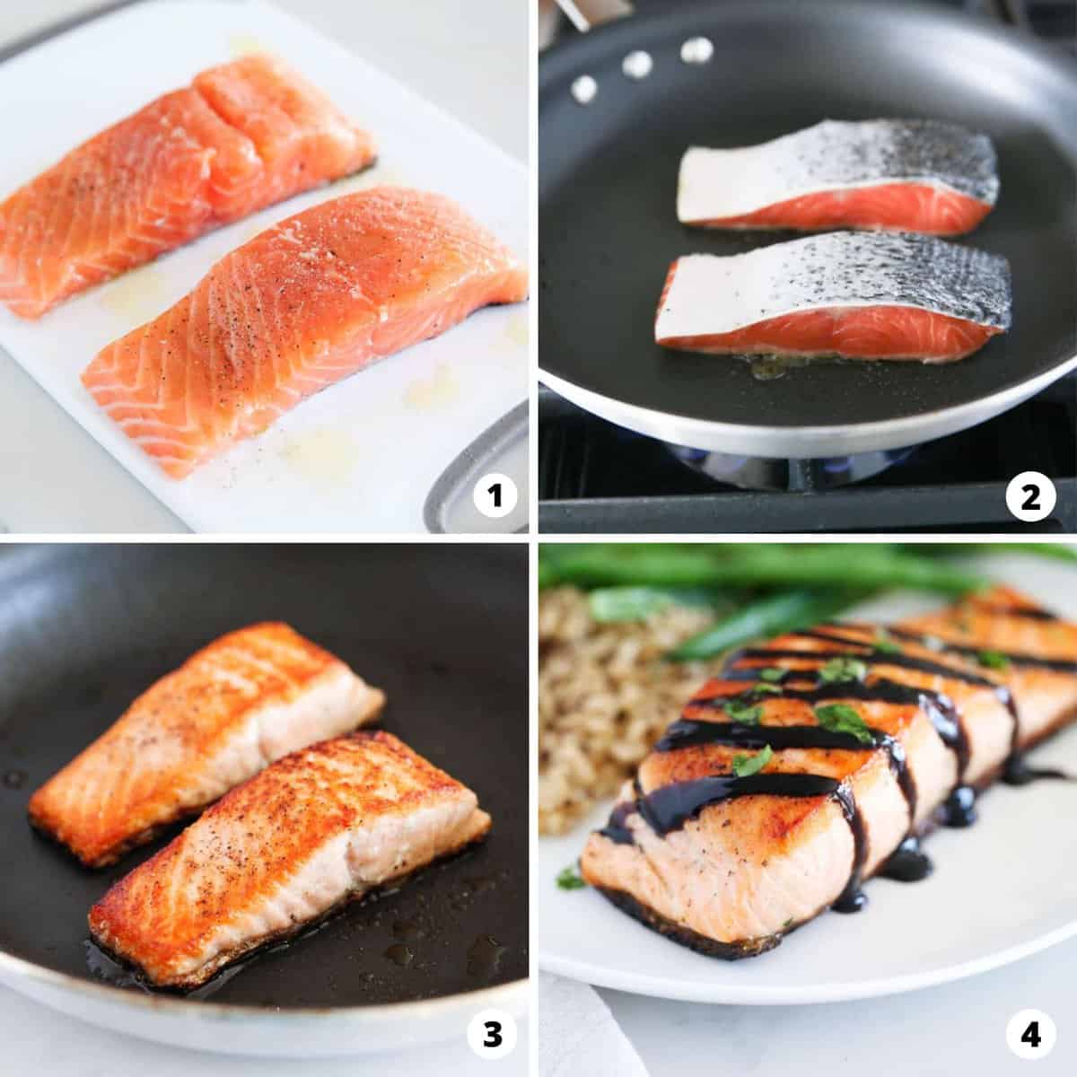 A step by step photo collage of how to make balsamic glazed salmon.