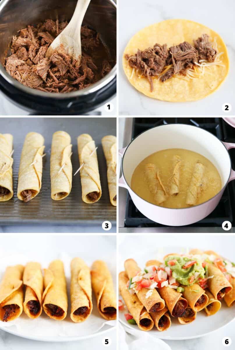 A photo collage of how to make beef taquitos.
