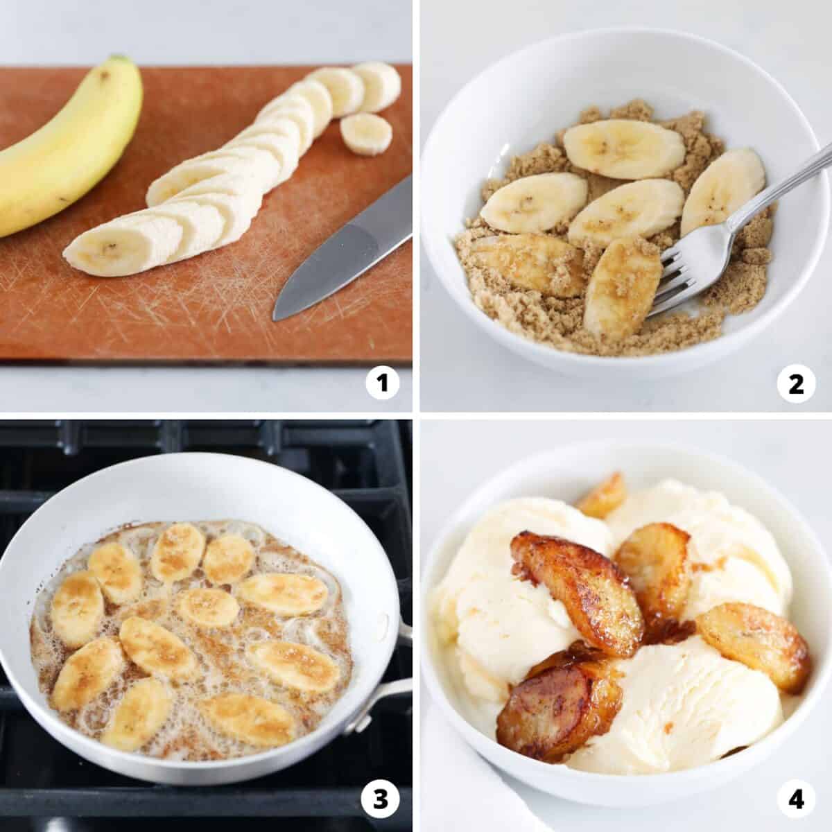 A photo collage of step by step how to caramelize bananas.