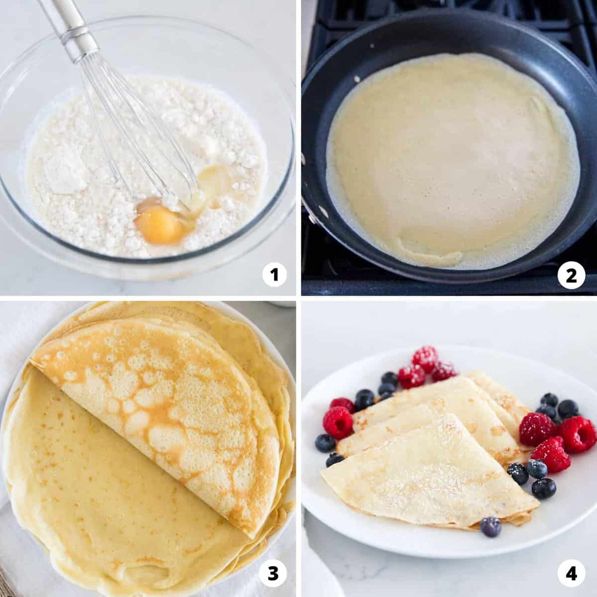 Step by step photo collage of how to make crepes with pancake mix. 