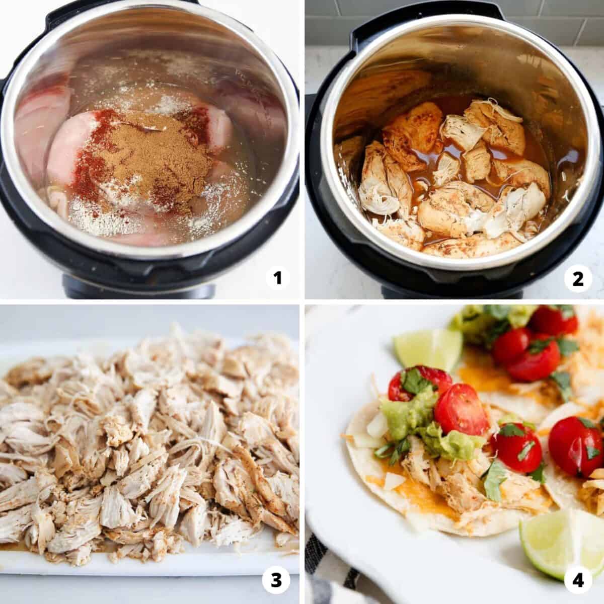 A step by step photo collage of how to make Instant Pot chicken tacos.