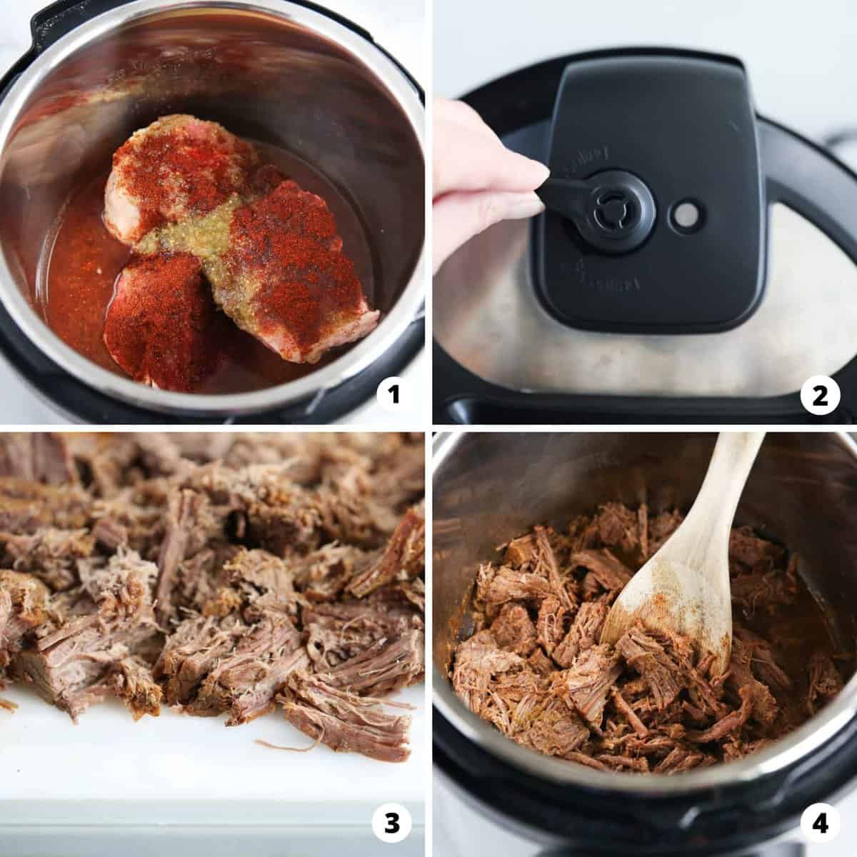 Step by step photo collage of how to make Instant Pot shredded beef,