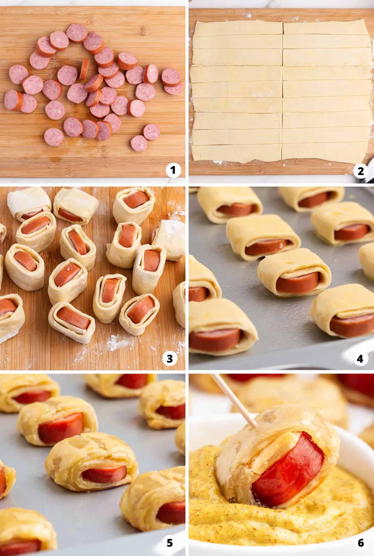A step by step photo collage of how to make kielbasa appetizer puffs. 