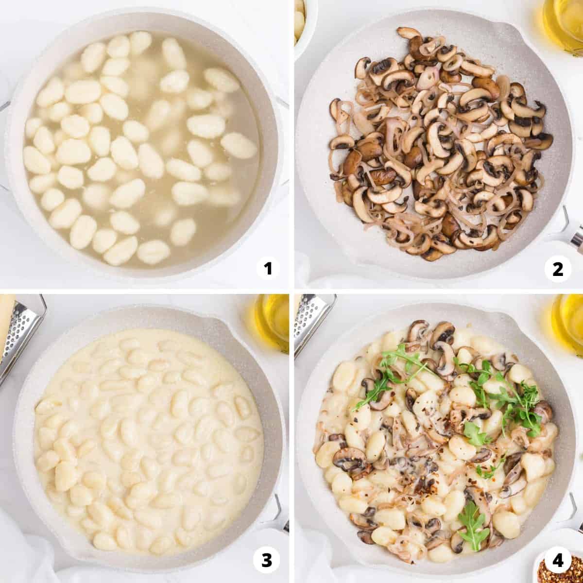 Step by step photo collage of how to make mushroom gnocchi. 