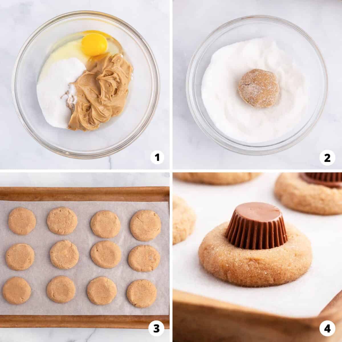 Step by step photo collage of how to make peanut butter cup cookies.