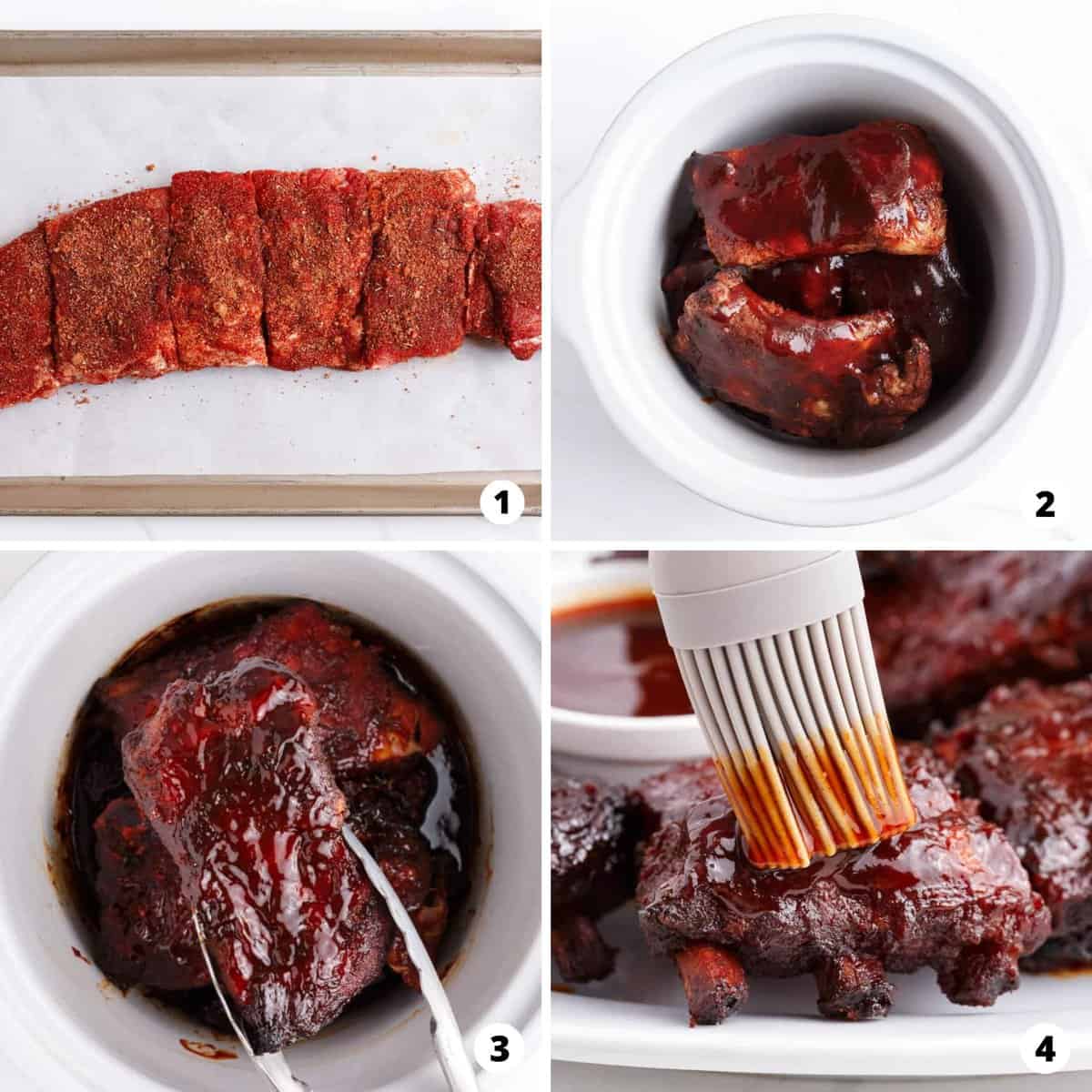 A step by step photo collage of how to make slow cooker ribs.