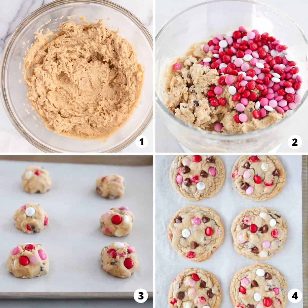 A step by step photo collage of how to make valentine m and m cookies.