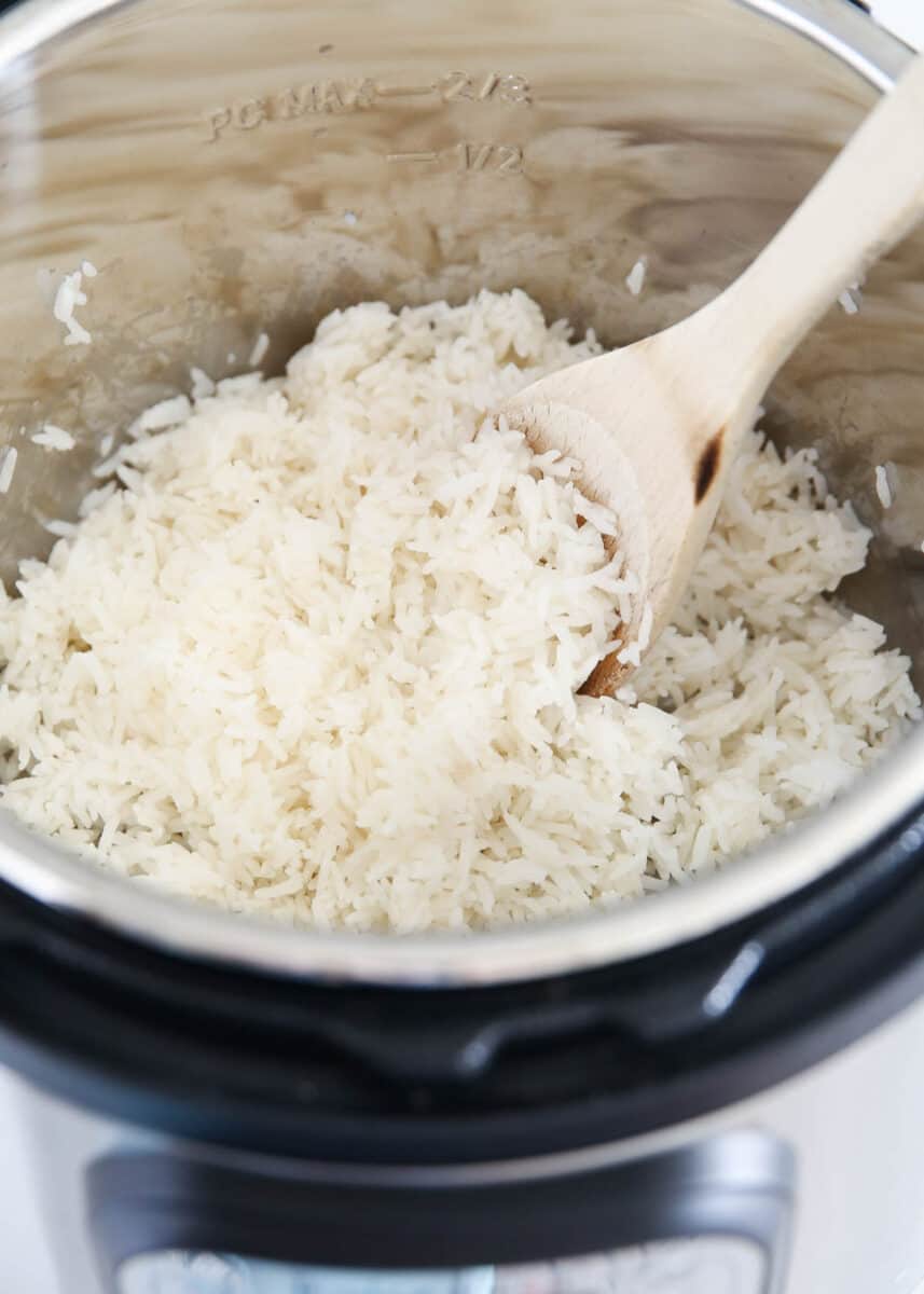 Rice inside of Instant Pot with Spoon