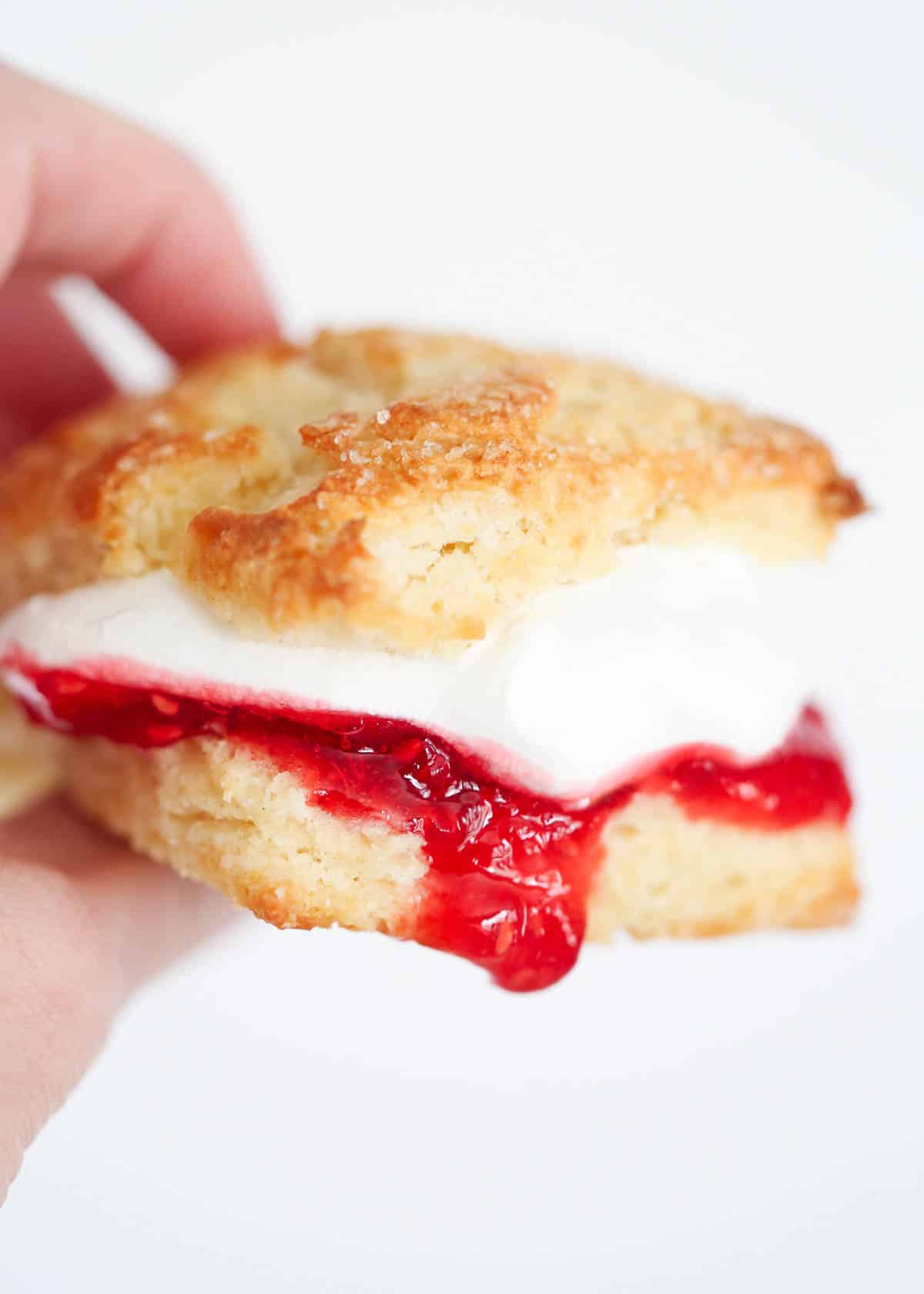 Holding Irish Scone with whipped cream and jam