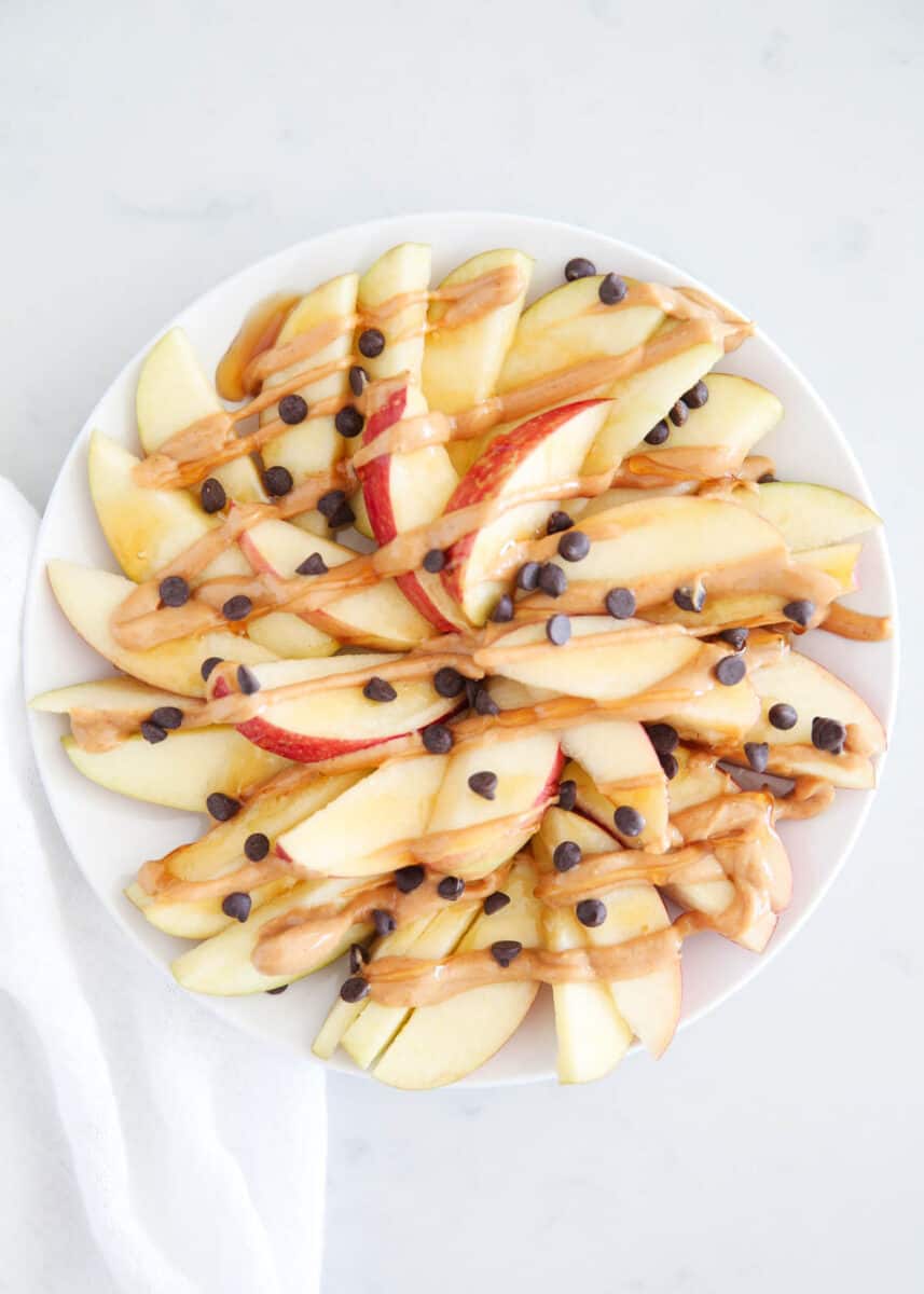 apple nachos on white plate