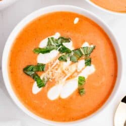 cauliflower tomato soup in white bowl