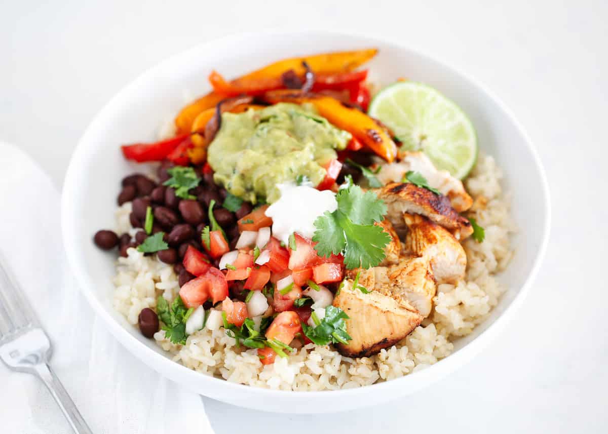 Chicken fajita bowl on counter.