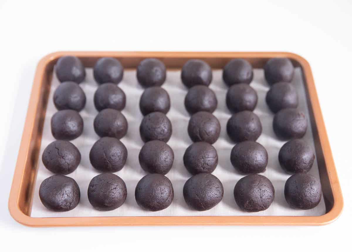 chocolate cake balls on pan
