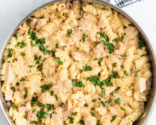 chicken cordon bleu pasta in pan with parlsey