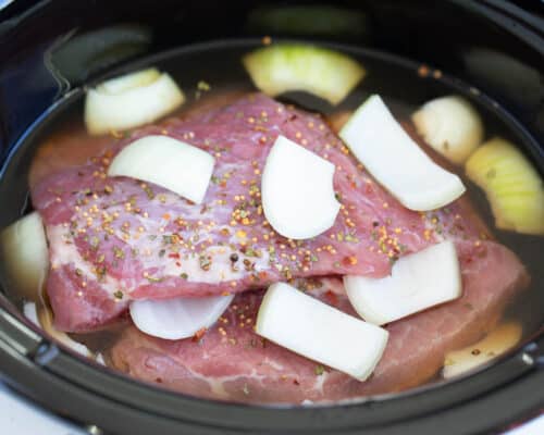 corned beef and cabbage cooking in slow cooker