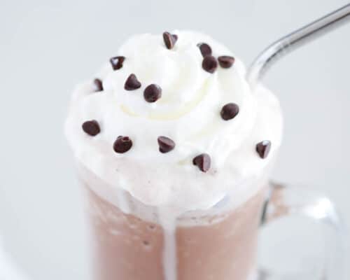 Frozen hot chocolate with whipped cream and chocolate chips