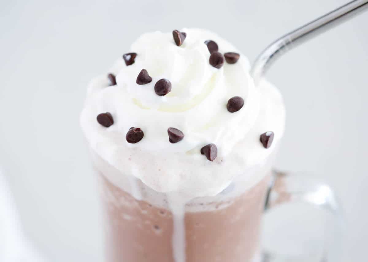 Frozen hot chocolate with whipped cream and chocolate chips